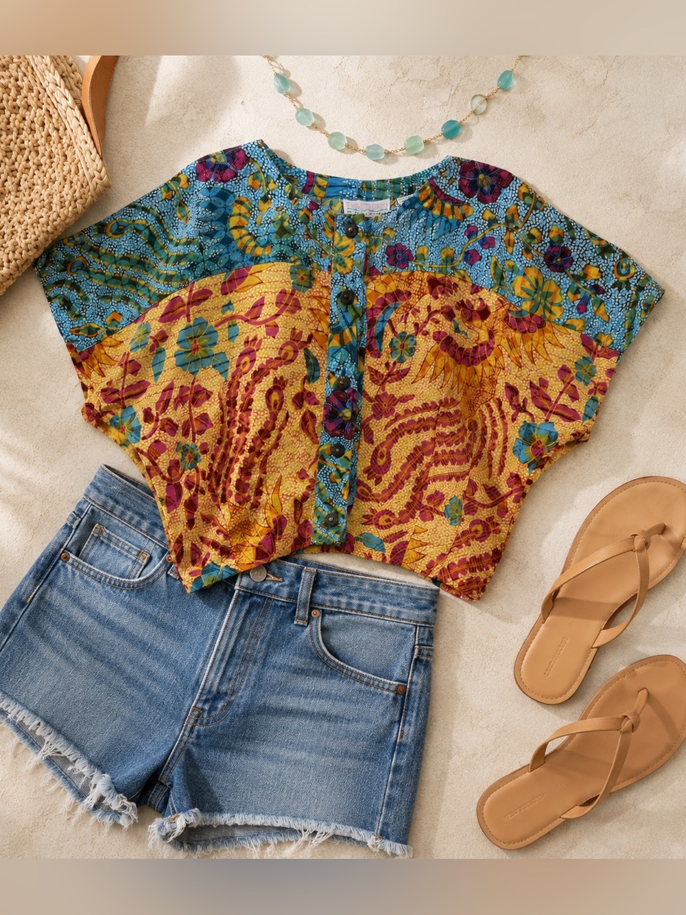Passports Pier 1 Imports Vintage Tropical Floral Rayon Short Sleeve Crop Top Med